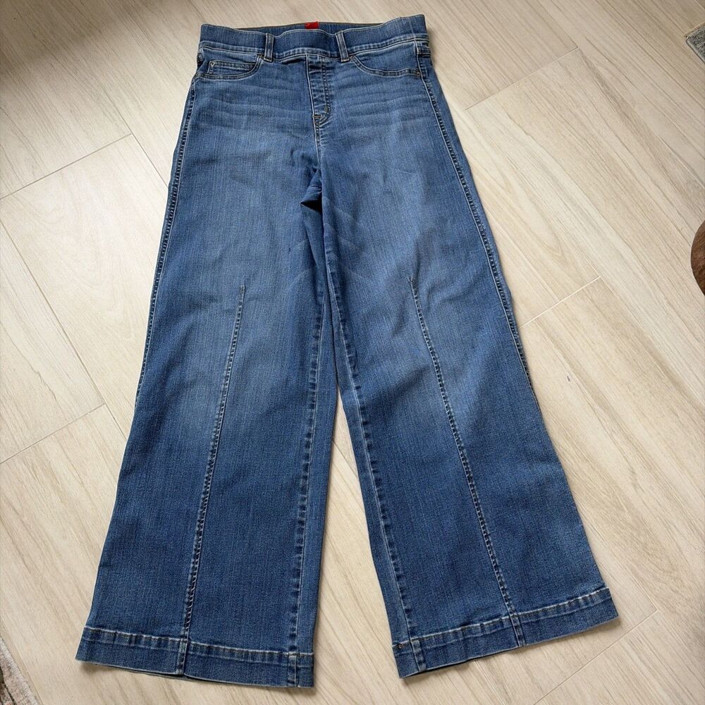 Spanx Seamed Front Wide Leg Jeans Womens Large Pull On Denim Blue